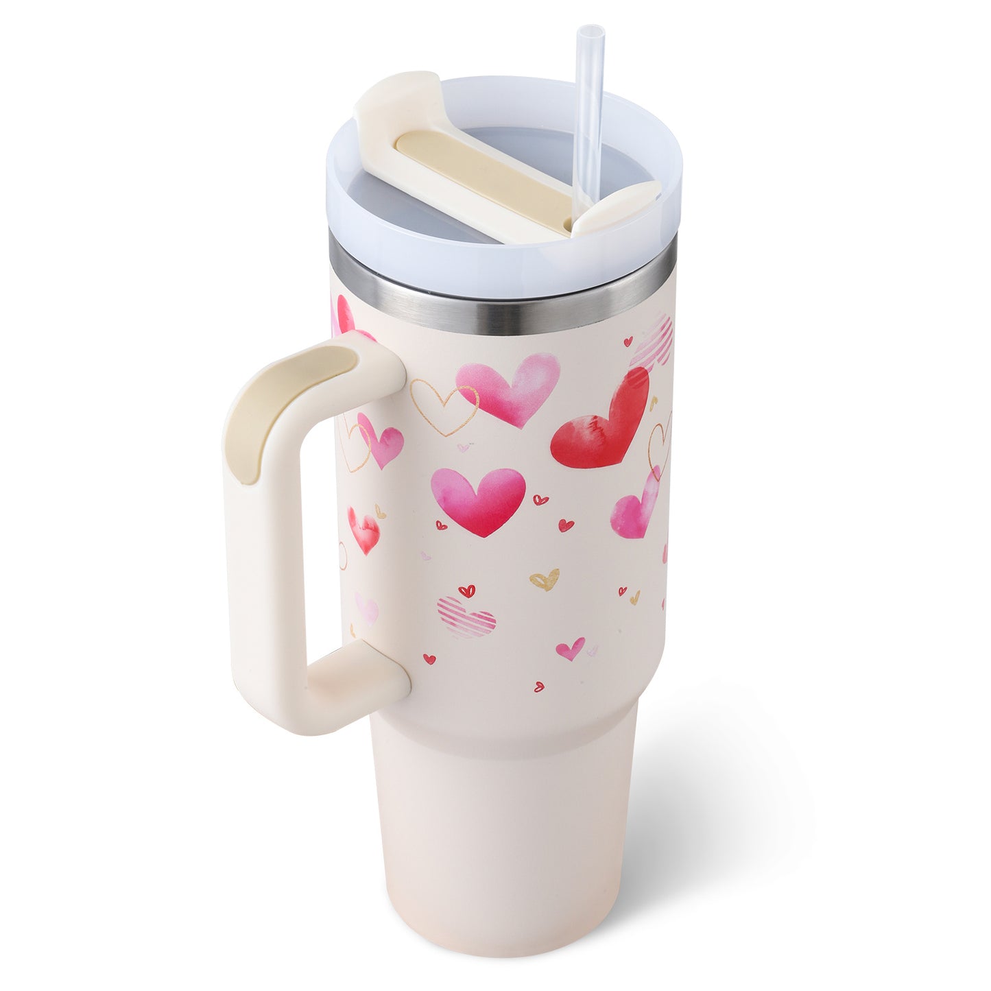 40 Oz Insulated Stainless Steel Tumbler With Handle, Straw, Spill Proof Lid - Perfect Coffee Cup Mug for Valentine Gifts, Car, Gym, Office, Travel