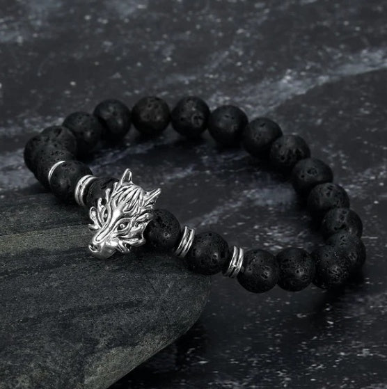 Asgard Grey Wolf Head and Lava Stone Bracelet - Wolfpack Gang Apparel