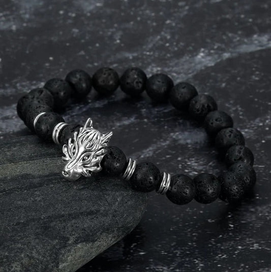 Asgard Grey Wolf Head and Lava Stone Bracelet - Wolfpack Gang Apparel