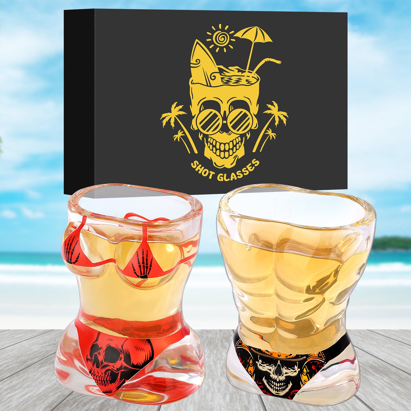 2 Pieces Skull Wine Glasses - Black Muscle Men's and Red Bikini Style for Halloween, Christmas, Birthdays, and Company Parties