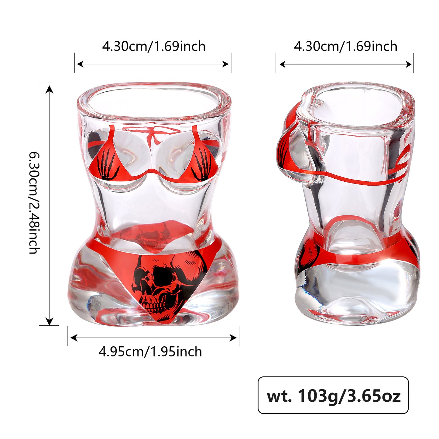2 Pieces Skull Wine Glasses - Black Muscle Men's and Red Bikini Style for Halloween, Christmas, Birthdays, and Company Parties