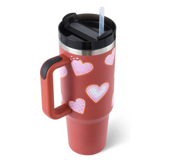 40 Oz Insulated Stainless Steel Tumbler With Handle, Straw, Spill Proof Lid - Perfect Coffee Cup Mug for Valentine Gifts, Car, Gym, Office, Travel