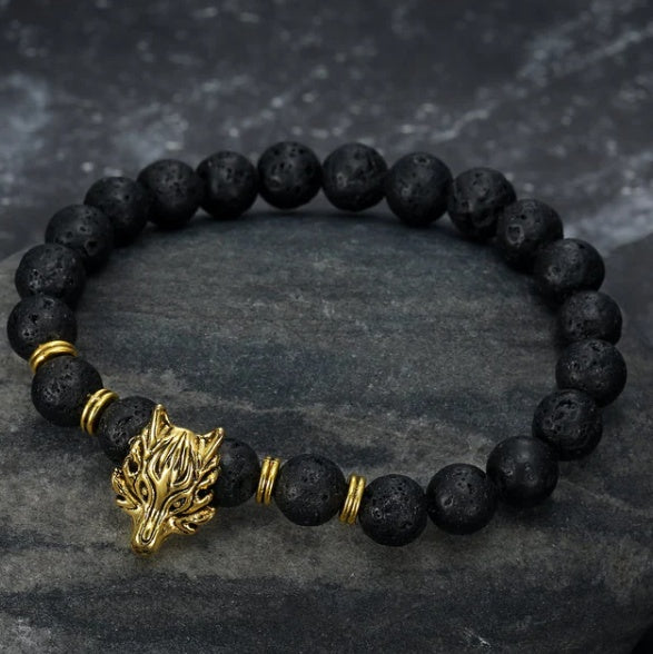 Asgard Grey Wolf Head and Lava Stone Bracelet - Wolfpack Gang Apparel