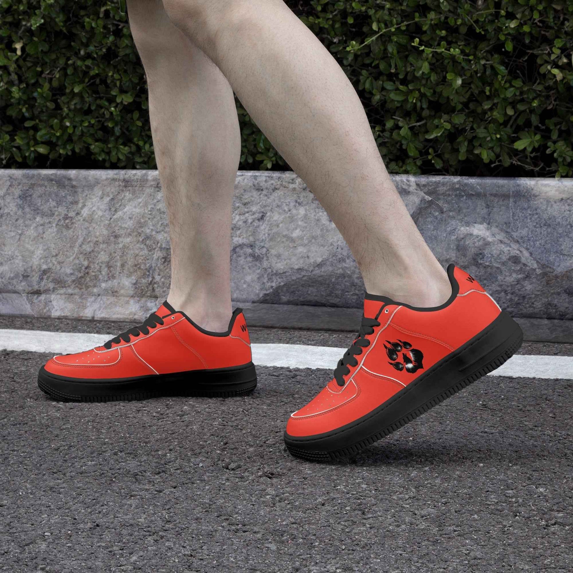 Red Low-Top Leather Sports Sneakers - Black Sole