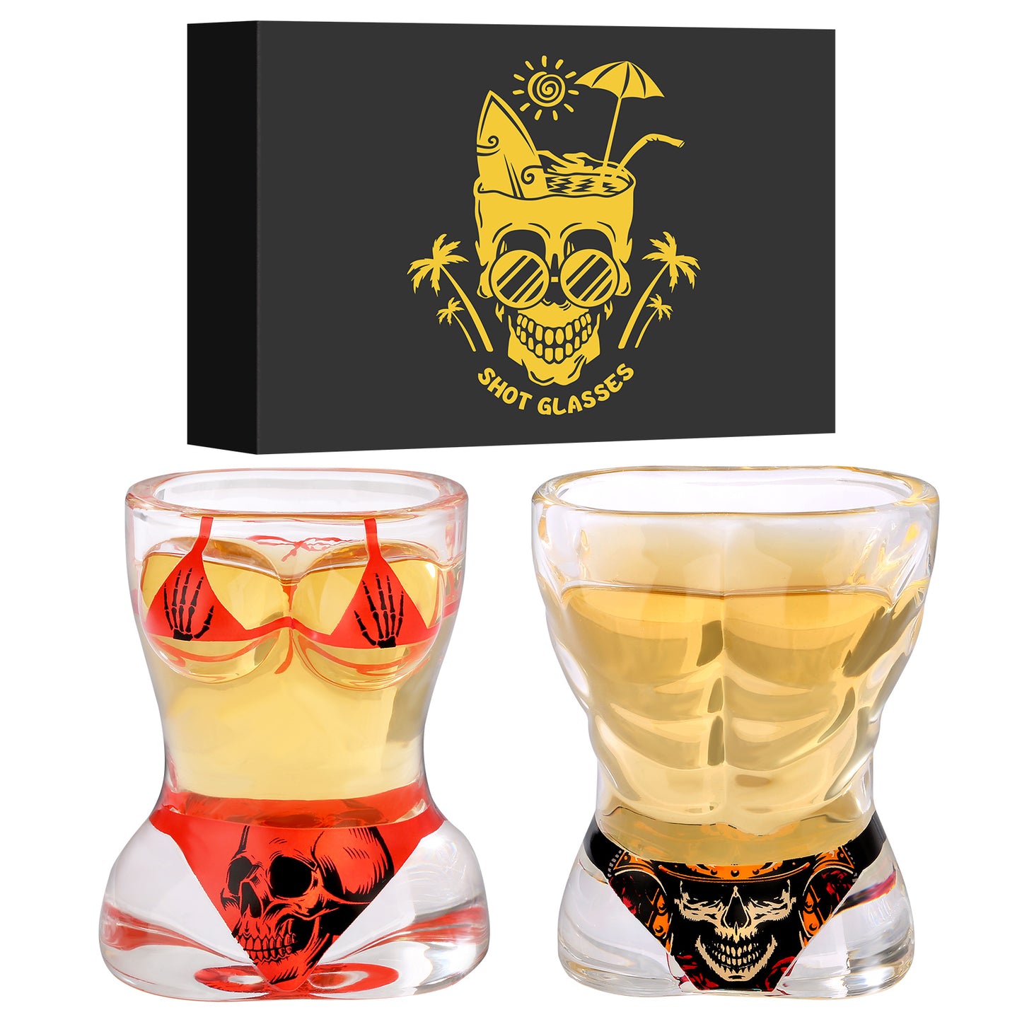 2 Pieces Skull Wine Glasses - Black Muscle Men's and Red Bikini Style for Halloween, Christmas, Birthdays, and Company Parties