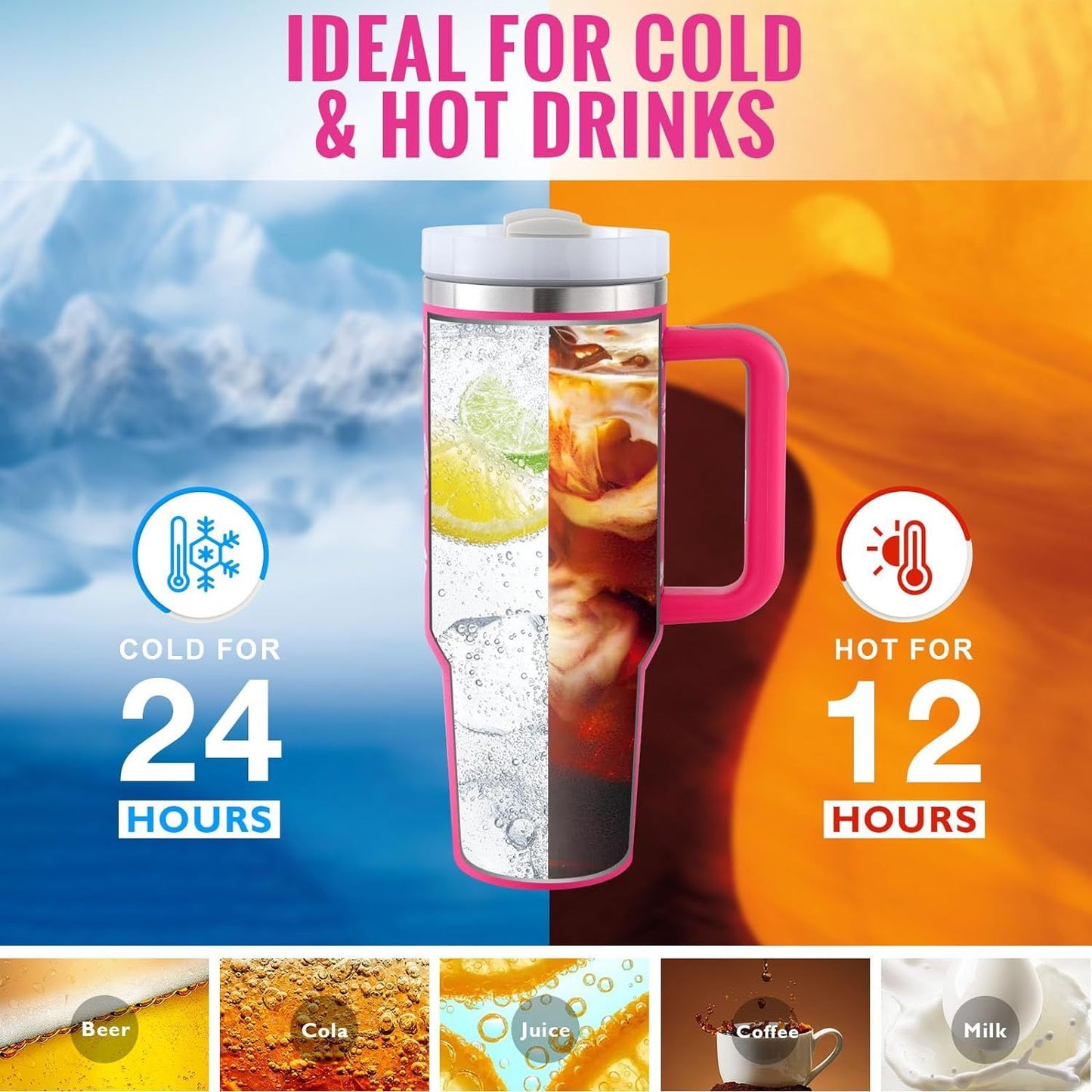 40 Oz Insulated Stainless Steel Tumbler With Handle, Straw, Spill Proof Lid - Perfect Coffee Cup Mug for Valentine Gifts, Car, Gym, Office, Travel