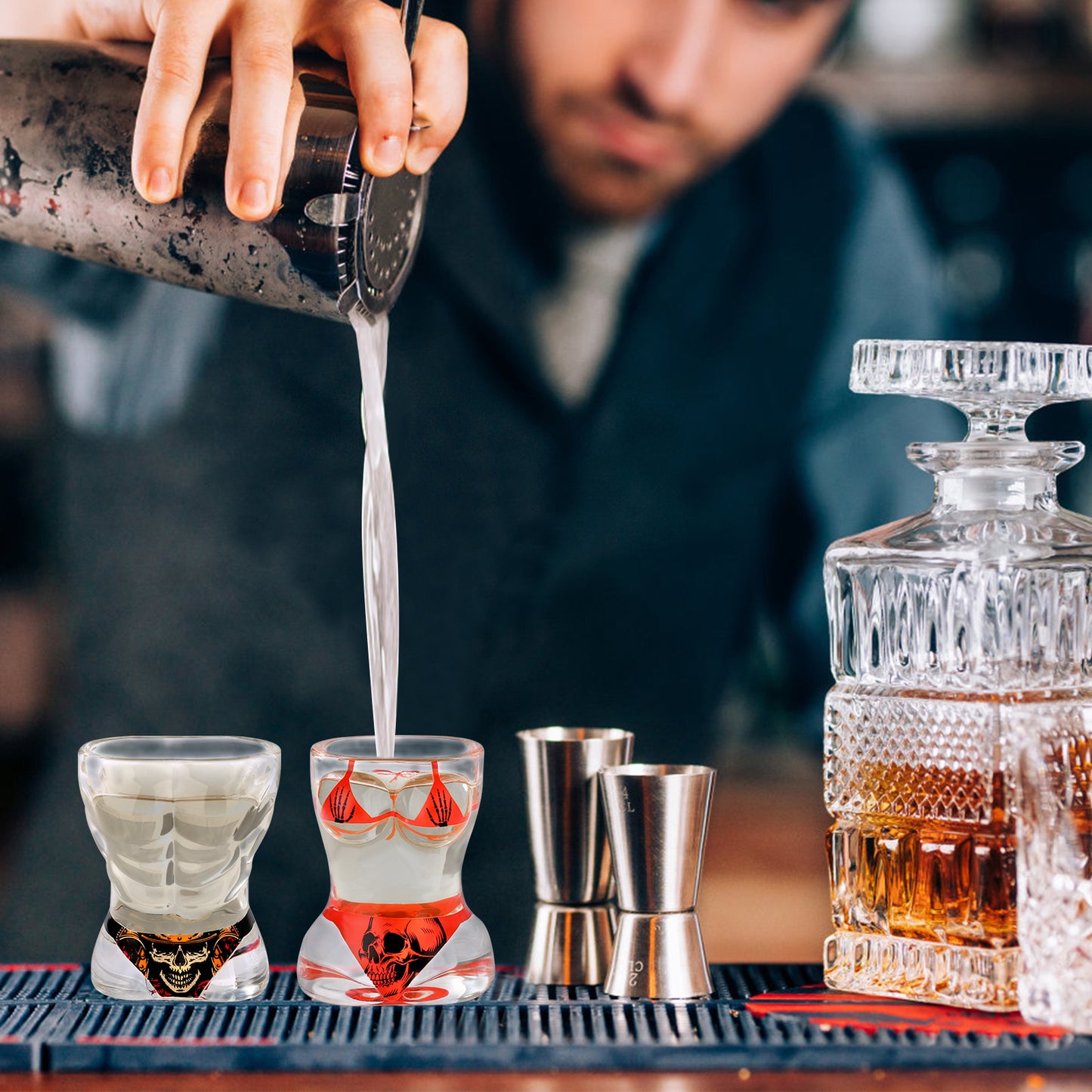 2 Pieces Skull Wine Glasses - Black Muscle Men's and Red Bikini Style for Halloween, Christmas, Birthdays, and Company Parties