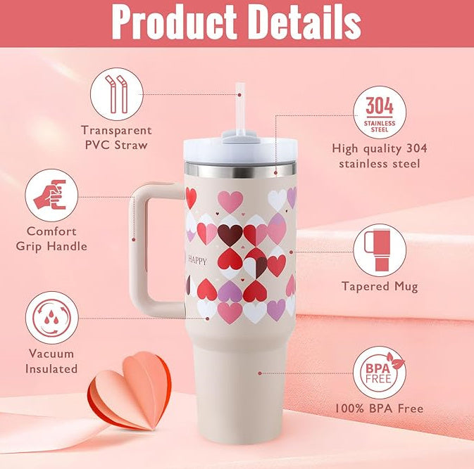 40 Oz Insulated Stainless Steel Tumbler With Handle, Straw, Spill Proof Lid - Perfect Coffee Cup Mug for Valentine Gifts, Car, Gym, Office, Travel