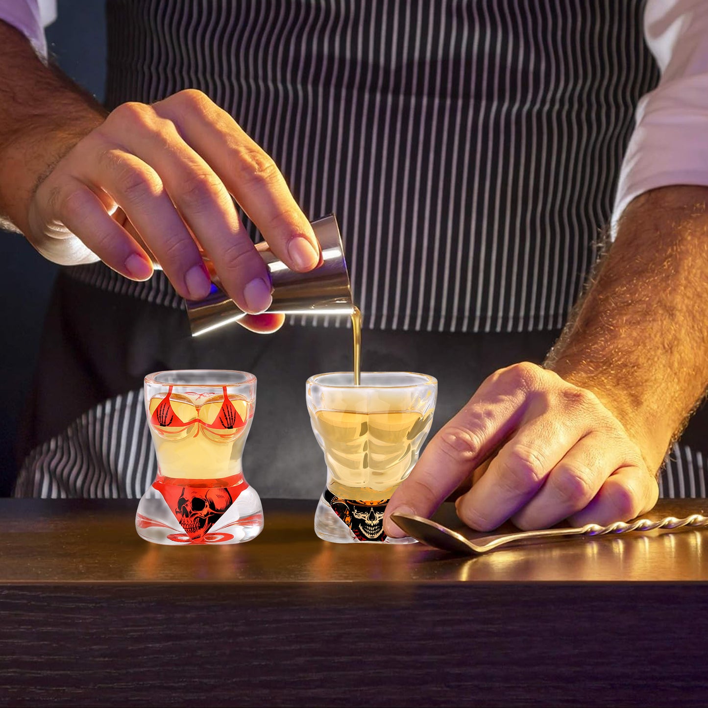 2 Pieces Skull Wine Glasses - Black Muscle Men's and Red Bikini Style for Halloween, Christmas, Birthdays, and Company Parties